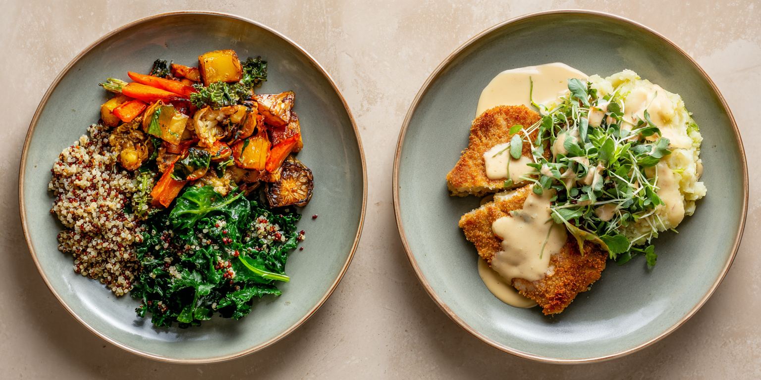 Twee borden op een neutrale achtergrond, van bovenaf gezien. Eén met een gezonde maaltijd met quinoa, geroosterde groenten en bladgroenten; de andere met een comfortgerecht met aardappelpuree, schnitzel, romige saus en microgroenten